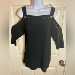 Baldini Black Cold Shoulder Grommet & Rhinestone Blouse